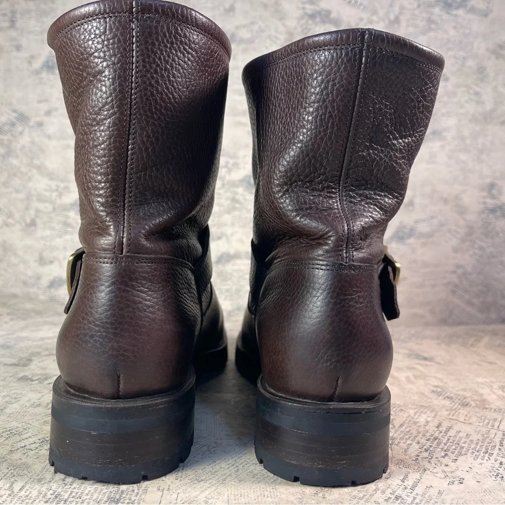 Frye Veronica Shearling Leather Moto Booties Brown Buckle Boots Made in Mexico